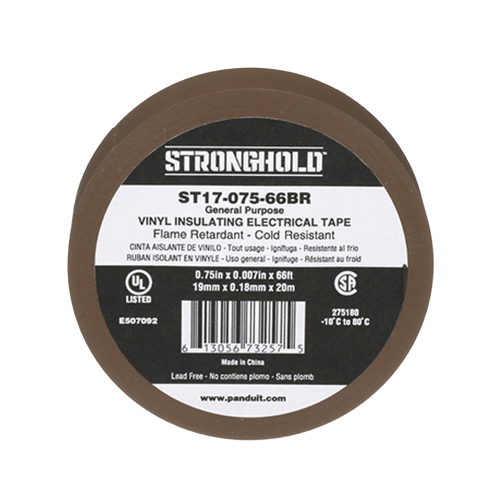 PANDUIT ST17-075-66BR Cinta Eléctrica STRONGHOLD para Aislar, de PVC, Uso General Reparación y Mantenimiento, Grosor de 0.18mm (7 mil), Ancho de 19mm, y 20.12m de Largo, Color Café