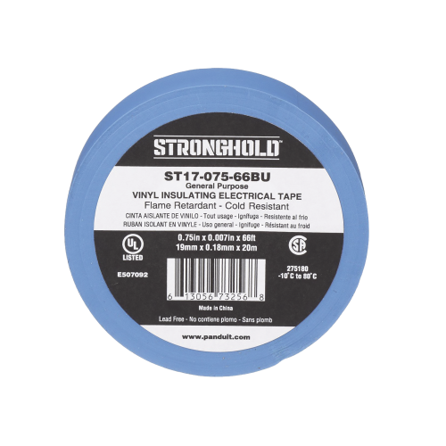 PANDUIT ST17-075-66BU Cinta Eléctrica STRONGHOLD para Aislar, de PVC, Uso General Reparación y Mantenimiento, Grosor de 0.18mm (7 mil), Ancho de 19mm, y 20.12m de Largo, Color Azul