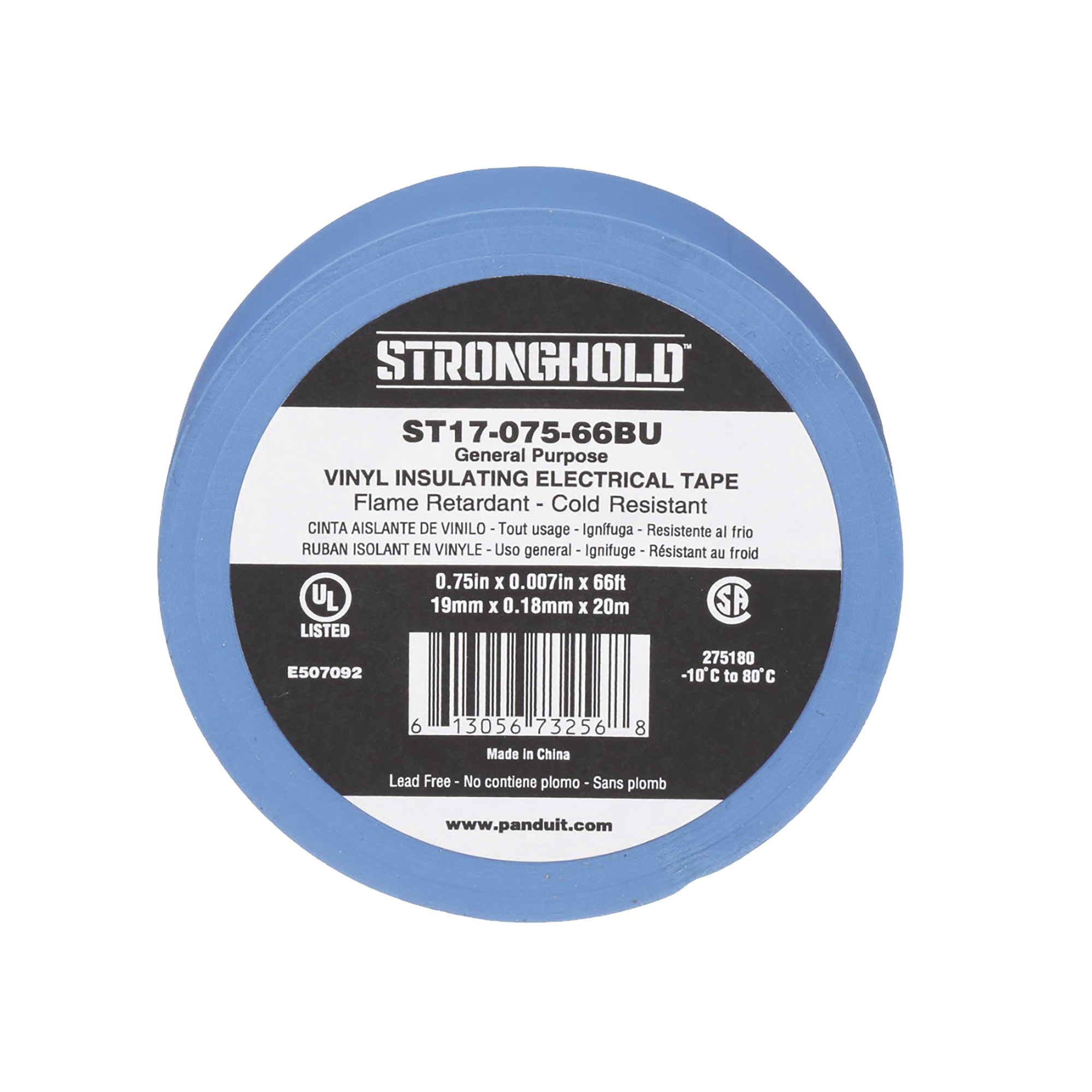 PANDUIT ST17-075-66BU Cinta Eléctrica STRONGHOLD para Aislar, de PVC, Uso General Reparación y Mantenimiento, Grosor de 0.18mm (7 mil), Ancho de 19mm, y 20.12m de Largo, Color Azul