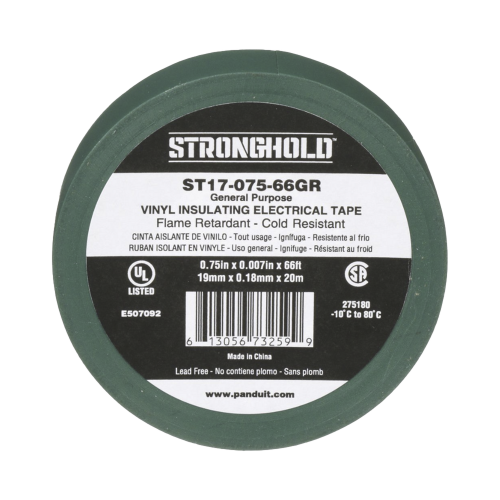 PANDUIT ST17-075-66GR Cinta Eléctrica STRONGHOLD para Aislar, de PVC, Uso General Reparación y Mantenimiento, Grosor de 0.18mm (7 mil), Ancho de 19mm, y 20.12m de Largo, Color Verde