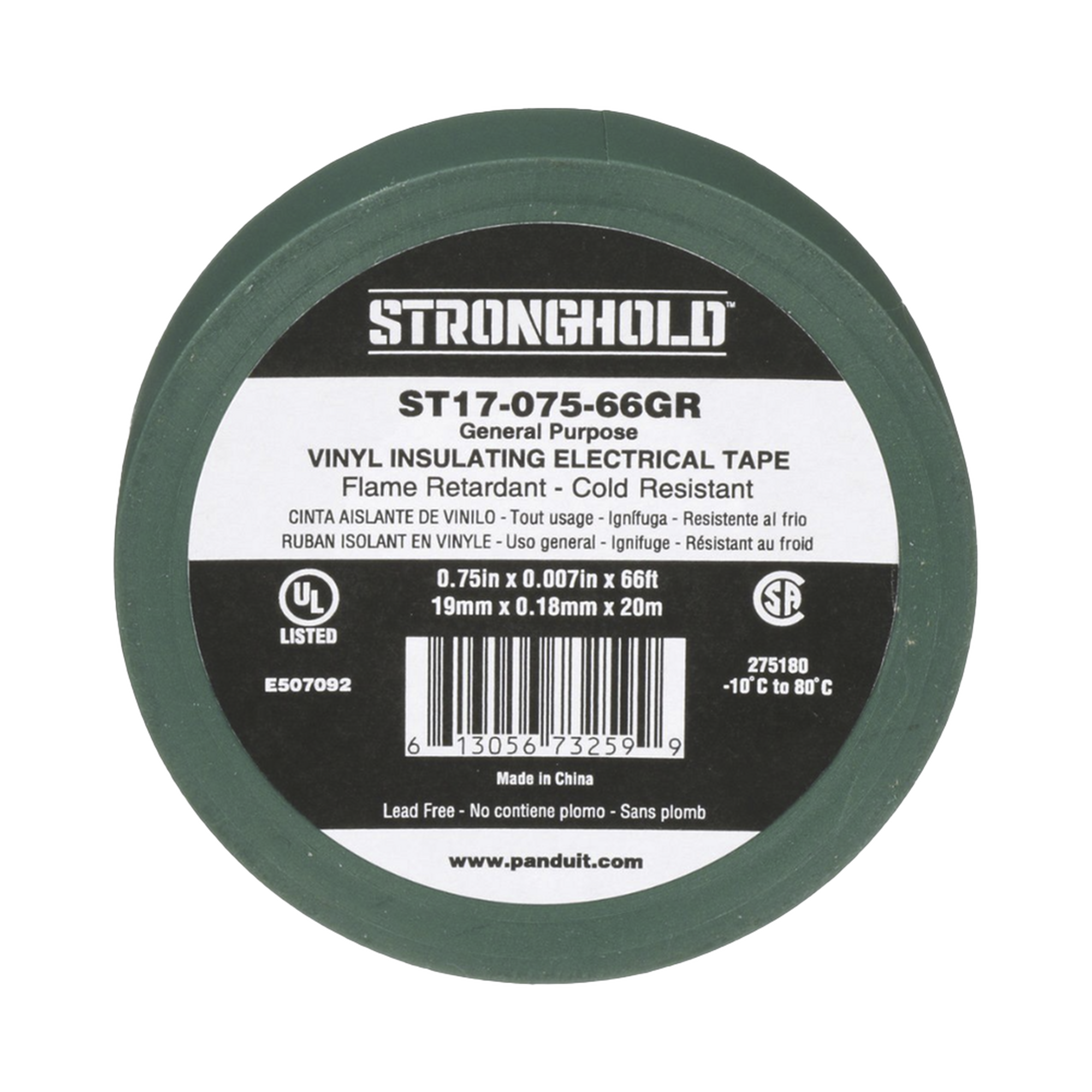 PANDUIT ST17-075-66GR Cinta Eléctrica STRONGHOLD para Aislar, de PVC, Uso General Reparación y Mantenimiento, Grosor de 0.18mm (7 mil), Ancho de 19mm, y 20.12m de Largo, Color Verde