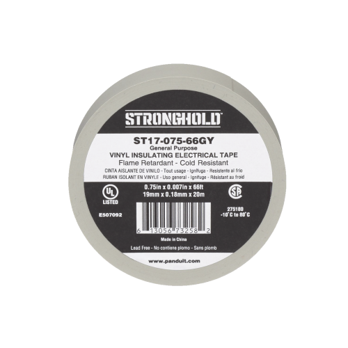 PANDUIT ST17-075-66GY Cinta Eléctrica STRONGHOLD para Aislar, de PVC, Uso General Reparación y Mantenimiento, Grosor de 0.18mm (7 mil), Ancho de 19mm, y 20.12m de Largo, Color Gris
