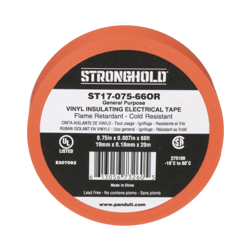 PANDUIT ST17-075-66OR Cinta Eléctrica STRONGHOLD para Aislar, de PVC, Uso General Reparación y Mantenimiento, Grosor de 0.18mm (7 mil), Ancho de 19mm, y 20.12m de Largo, Color Naranja