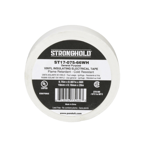 PANDUIT ST17-075-66WH Cinta Eléctrica STRONGHOLD para Aislar, de PVC, Uso General Reparación y Mantenimiento, Grosor de 0.18mm (7 mil), Ancho de 19mm, y 20.12m de Largo, Color Blanco