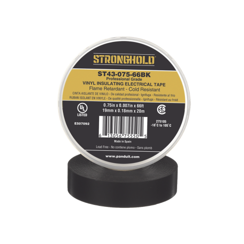 PANDUIT ST43-075-66BK Cinta Eléctrica STRONGHOLD para Aislar, de PVC, Uso Profesional en Construcción Eléctrica, Grosor 0.18mm (7 mil), Ancho 19mm, y 20m Largo, Color Negro.
