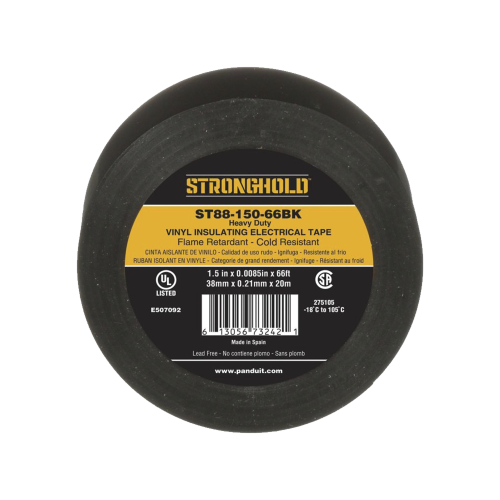 PANDUIT ST88-150-66BK Cinta Eléctrica STRONGHOLD para Aislar, de PVC, Trabajo Pesado Eléctrico Industrial (Soporta UV, abrasión, agua, aceite y corrosión), Grosor de 0.21 mm (8.5 mil), Ancho de 38 mm, y 20 m de Largo, Uso Interior/Exterior, Color Ne