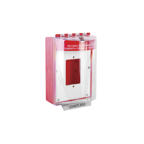 STI STI-13510FR-ES Cubierta Universal De Policarbonato Con Espaciador y Placa De Montaje Interna, Texto De Incendio En Español, Interior/Exterior, Serie Universal Stopper®