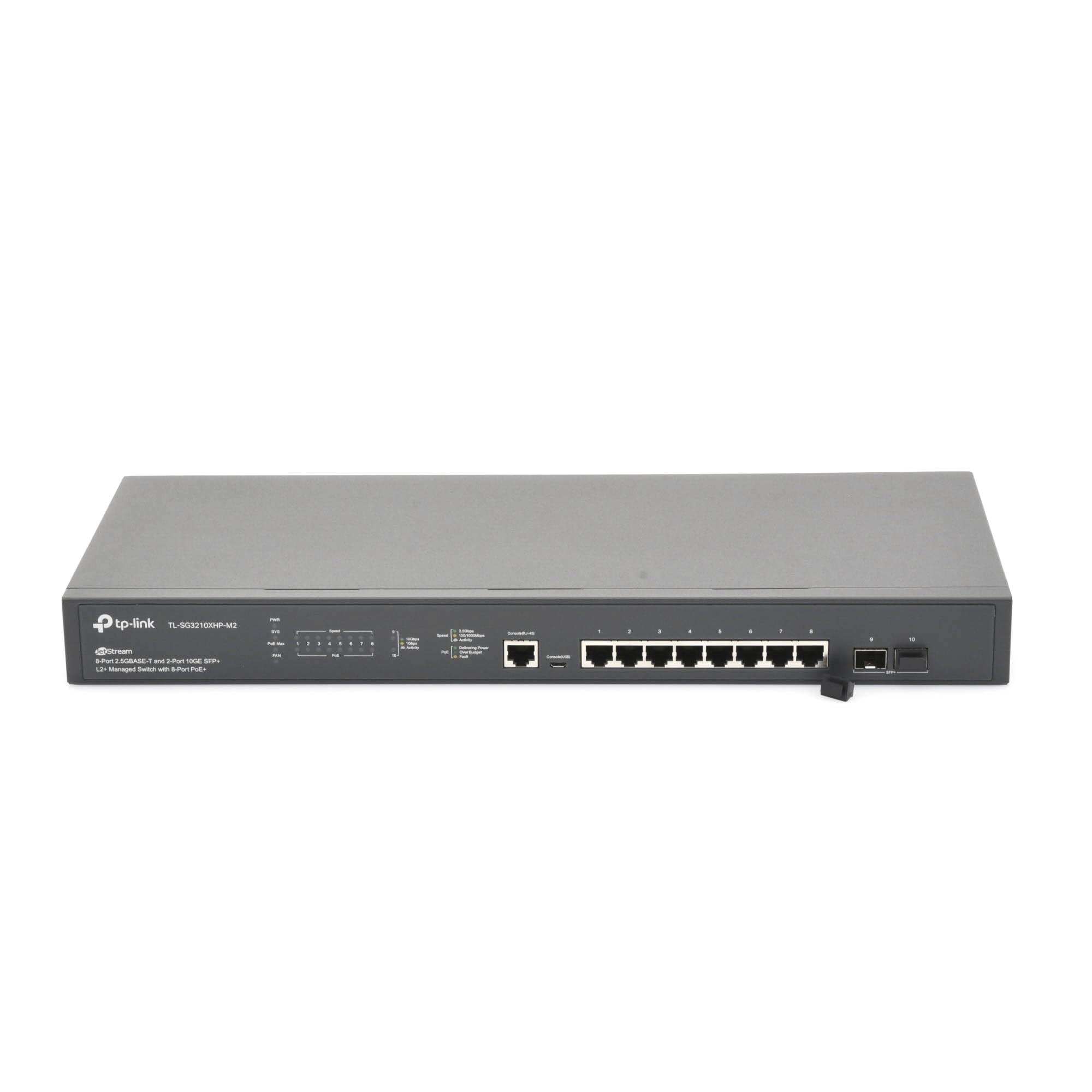 TP-LINK TL-SG3210XHPM2 Switch L2+ Omada PoE+, 8 Puertos PoE+ MultiGigabit 2.5G, 2 Puertos SFP+ 10G, 2 Puertos Consola (RJ45 y microUSB), Administración Centralizada Omada o Stand-Alone, Multicast IGMP, Presupuesto PoE 240W, Montaje en Rack, (SG321