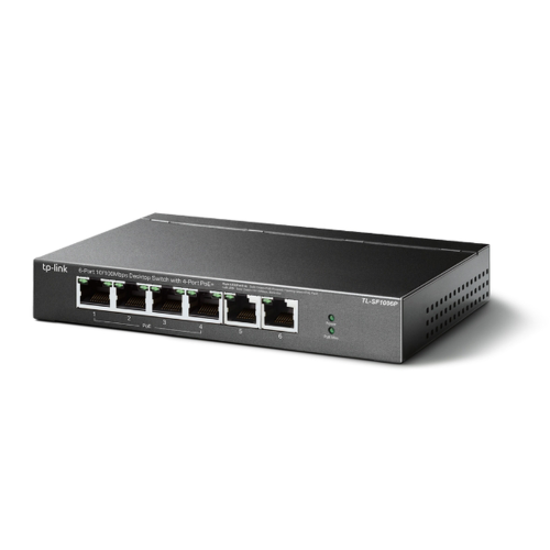 TP-LINK TLSF1006P Switch PoE no Administrable de escritorio, 6 puertos 10/100 Mbps, 4 puertos PoE af/at, Presupuesto 67 W, Modo Extensor hasta 250 m, Calidad video prioritaria