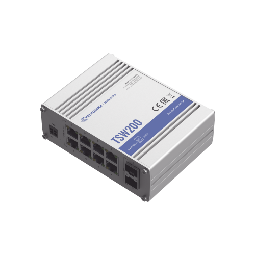 TELTONIKA TSW200 Switch Industrial No-Administrable 8 puertos Gigabit PoE 802.3af/at, 2 puertos SFP