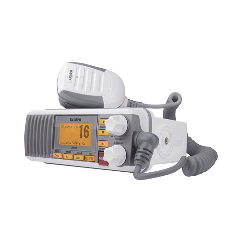 UNIDEN UM-385 Radio Móvil Marino VHF, color blanco, Tx: 156.025 – 157.425 MHz, Rx: 156.050 – 163.275 MHz, 25W de potencia, sumergible IPX4 incluye micrófono y cable de alimentación