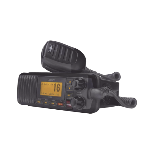UNIDEN UM-385BK Radio Móvil Marino VHF, color negro, 25 W de potencia, sumergible IPX4, rango de frecuencia.: Tx: 156.025-157.425 MHz, Rx: 156.050-163.275 MHz. incluye micrófono y cable de alimentación
