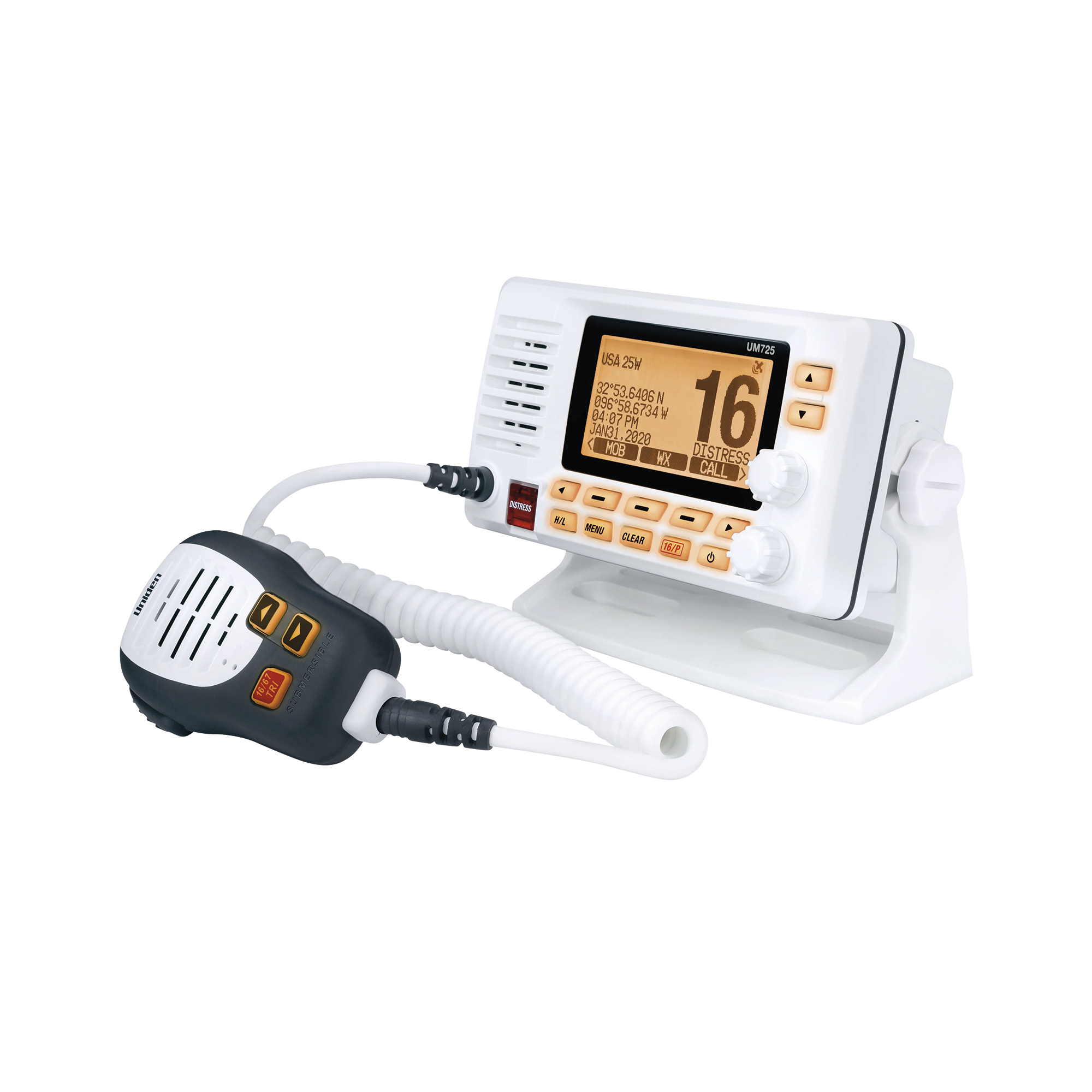 UNIDEN UM-725G Radio Móvil Marino VHF, color blanco con receptor de GPS integrado, puerto de conexión NMEA 2000, 25W de potencia de RF, sumergible IPX8.