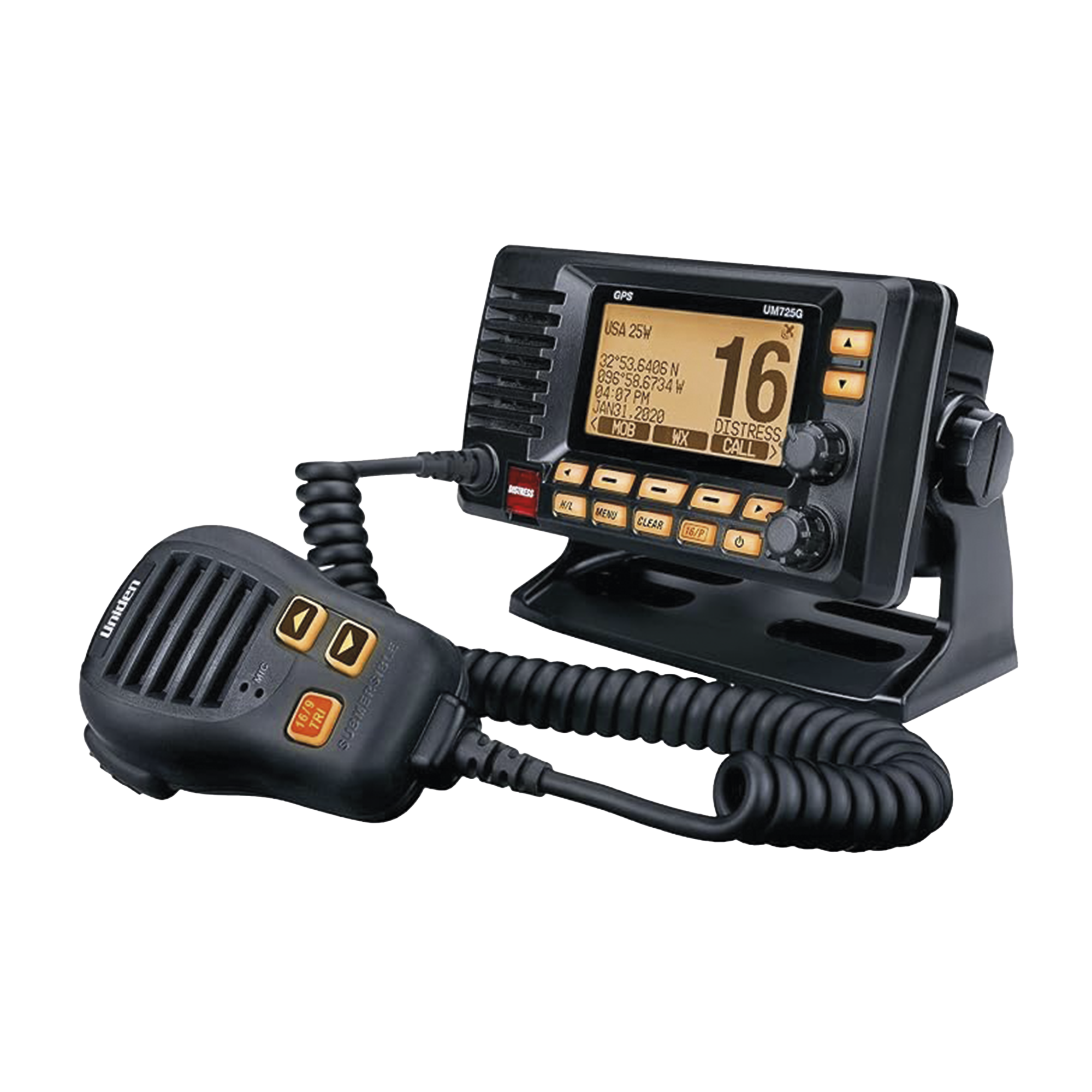 UNIDEN UM725GBK Radio Móvil Marino VHF, color negro con receptor de GPS integrado, puerto de conexión NMEA 2000, 25W de potencia de RF, sumergible IPX8.