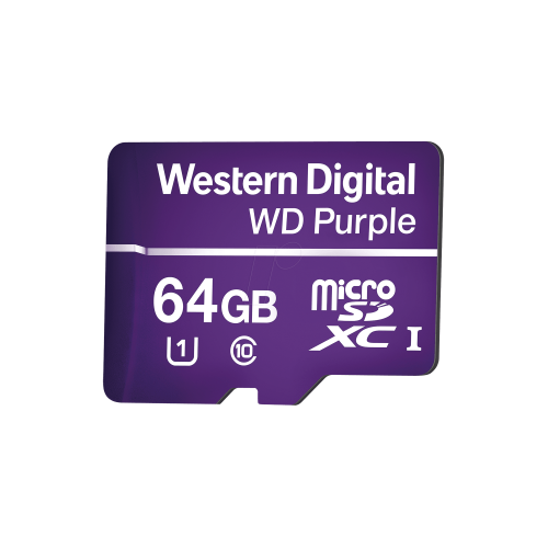 Western Digital (WD) WD64MSD Memoria microSD de 64GB PURPLE, Especializada Para Videovigilancia, 10 VECES MAYOR DURACIÓN, 3 AÑOS DE GARANTIA