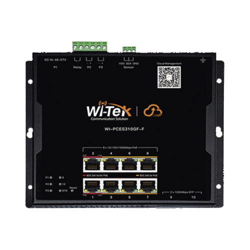WI-TEK WI-PCES310GF-F Switch L2 PoE Industrial, Administración Cloud Gratuita, 8 Puertos PoE af/at/bt 10/100/1000 Mbps, 2 Puertos SFP Gigabit, Máx Presupuesto PoE 145 W, Montaje Magnético – Riel DIN.