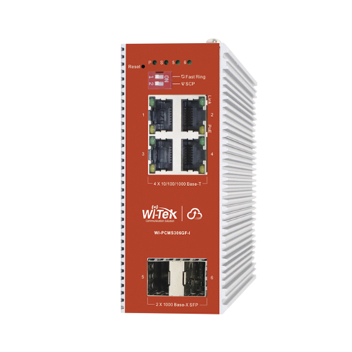 WI-TEK WI-PCMS306GF-I Switch L2+ PoE Industrial, Administración Cloud-Web-CLI, 4 Puertos PoE af/at 100/1000 Mbps, 2 Puertos SFP Gigabit, Presupuesto PoE 120 W, Protocolo ERSP (redundancia enlaces)