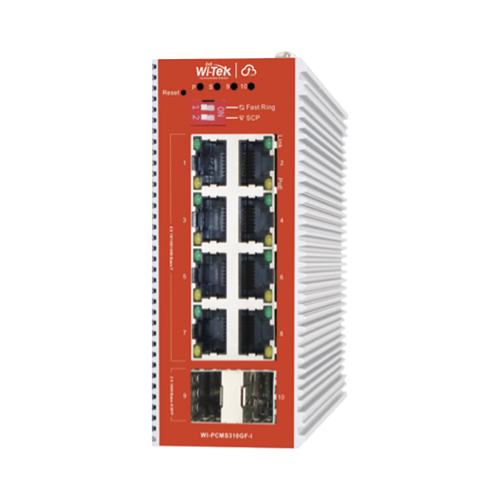 WI-TEK WI-PCMS310GF-I Switch L2+ PoE Industrial, Administración Cloud-Web-CLI, 8 Puertos PoE af/at 100/1000 Mbps, 2 Puertos SFP Gigabit, Presupuesto PoE 120 W, Protocolo ERSP (redundancia enlaces)