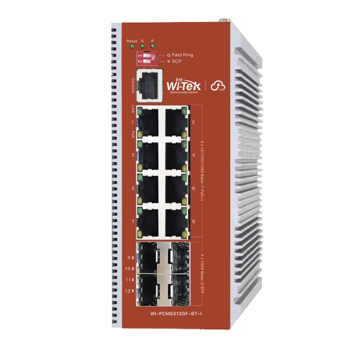 WI-TEK WI-PCMS312GF-BT-I Switch L2+ PoE Industrial, Administración Cloud-Web-CLI, 8 Puertos PoE af/at/bt 100/1000 Mbps, 2 Puertos SFP Gigabit, Presupuesto PoE 460 W, Protocolo ERSP (redundancia enlaces)