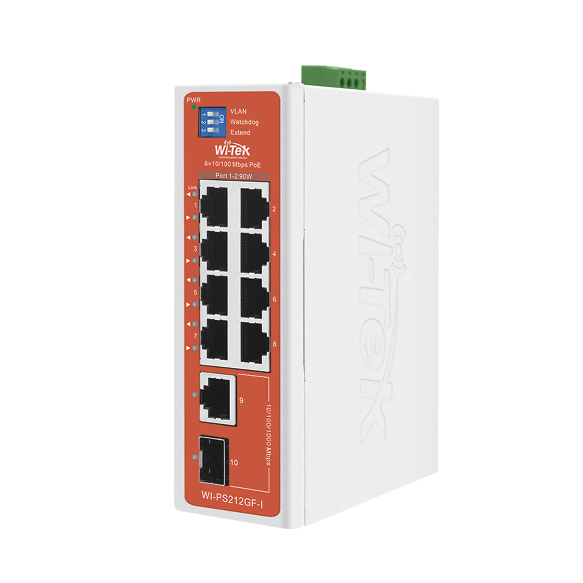 WI-TEK WI-PS212GF-I-V2 Switch Semi-Industrial, No administrable, 8 puertos 10/100 PoE af/at/bt, 1 puerto Gigabit RJ45 Uplink, 1 puerto SFP Uplink, Presupuesto PoE 110 Watts /