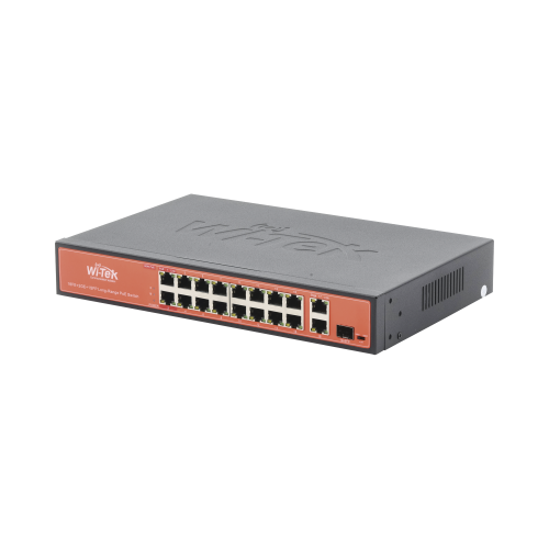WI-TEK WI-PS518G Switch PoE (802.3af/at/bt), No administrable de largo alcance, Hasta 250m, 16 x 10/100Mbps (PoE) + 2 x 100/1000Mbps + 1 x SFP, 200 W