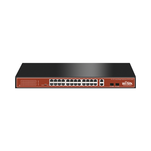 WI-TEK WI-PS526G Switch PoE (802.3af/at/bt), No administrable de largo alcance, Hasta 250m, Con 24 x 10/100Mbps + 2 x SFP Gigabit Combo, 250 W