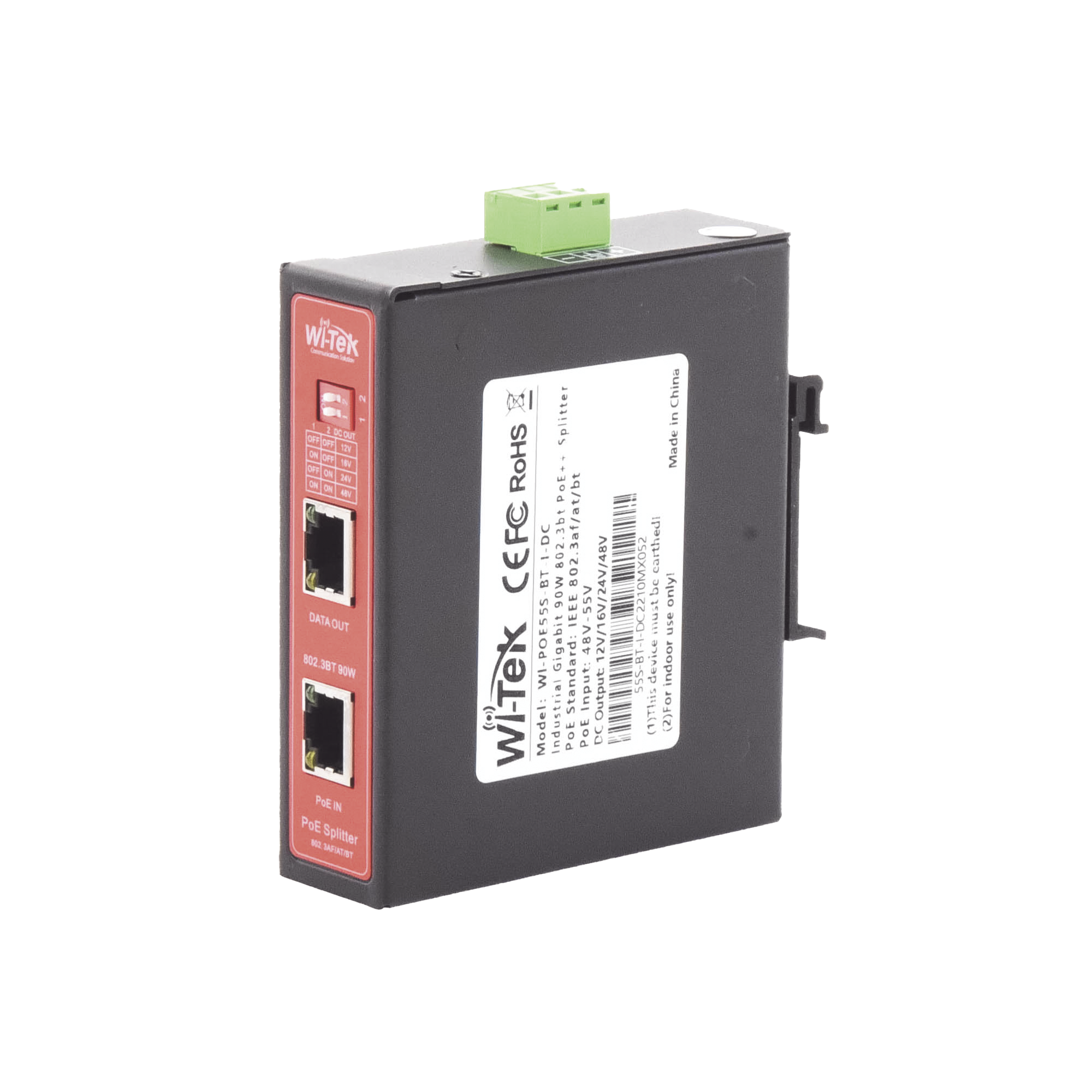 WI-TEK WIPOE55SBTIDC Splitter PoE IN hasta 90 W, Salida DC 12v/16V/24v o 48V, Carcasa metálica, Industrial soporte para riel DIN, Aplicaciones CCTV