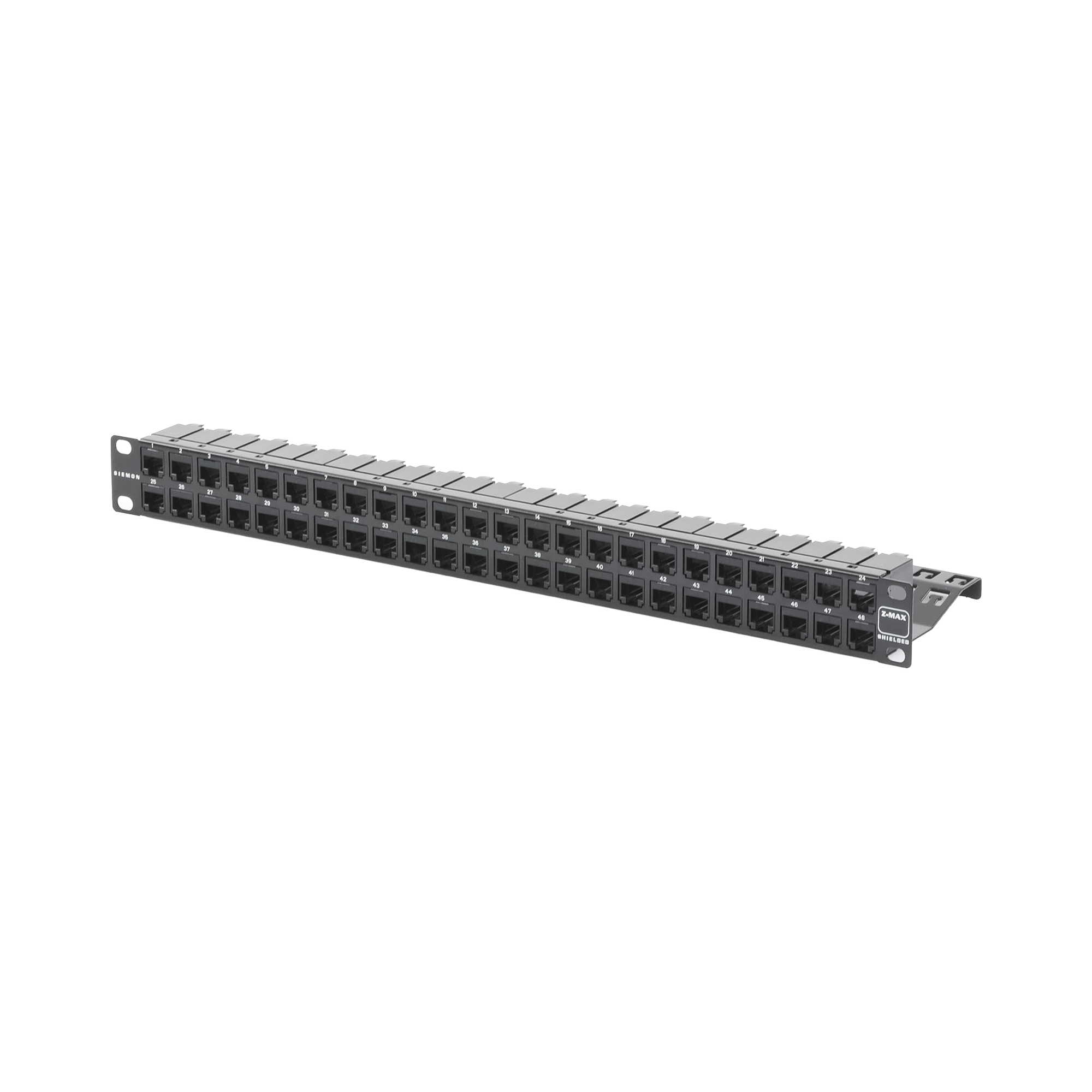 SIEMON Z6AS-PNL-U48K Patch Panel Z-MAX de 48 puertos, Blindado, Precargado con Jacks Categoría 6A, Plano, 1UR