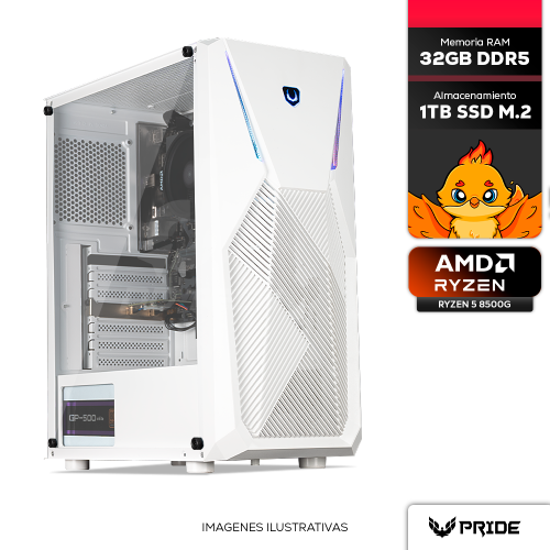 Computadora PRIDE GAMING WHALE PRO, RYZEN 5 8500G, Graficos integrados RADEON 740M, 32GB RAM DDR5, SSD 1TB M.2, Fuente 500w, INCLUYE WIFI Y BT