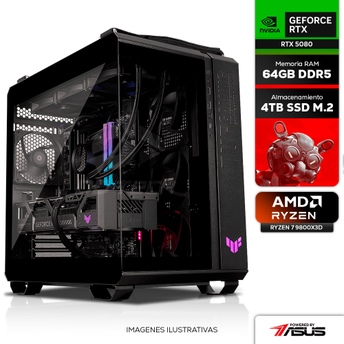 Computadora PRIDE GAMING PBA CRONOS, NVIDIA GeForce RTX 5080 TUF, AMD RYZEN 7 9800X3D, 64GB RAM, 4TB SSD M.2 NVMe 6000 MT/s, ENF. LIQ. 360MM RGB, 1000W 80+ GOLD, INCLUYE WIFI Y BT