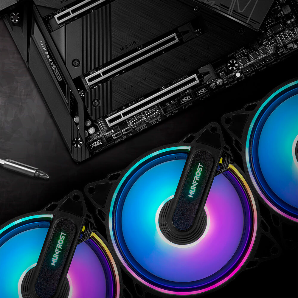 Kit de 3 ventiladores Munfrost HE-LIX, Compatible con Aura Sync etc., ARGB, Controlador incluido, anti-vibraciones, OFFMUNFROST - Image 5