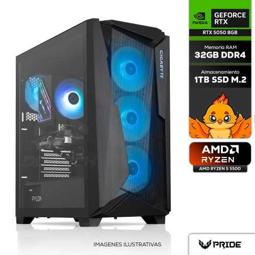 Computadora PRIDE GAMING OSTRICH V4, NVIDIA GeForce RTX 5050 8GB, AMD RYZEN 5 5500, 32GB RAM DDR4, 1TB M.2 NVME, 650W 80+ BRONZE, INCLUYE WIFI Y BT