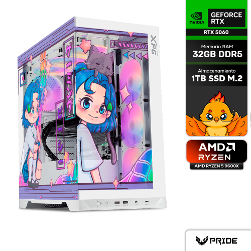 Computadora PRIDE DDCHAN EDITION, AMD Ryzen 5 9600X, NVIDIA GeForce RTX 5060, 32GB RAM, 1TB M.2, Enfriamiento Líquido 360mm, 750W 80+ BRONZ, INCLUYE WIFI