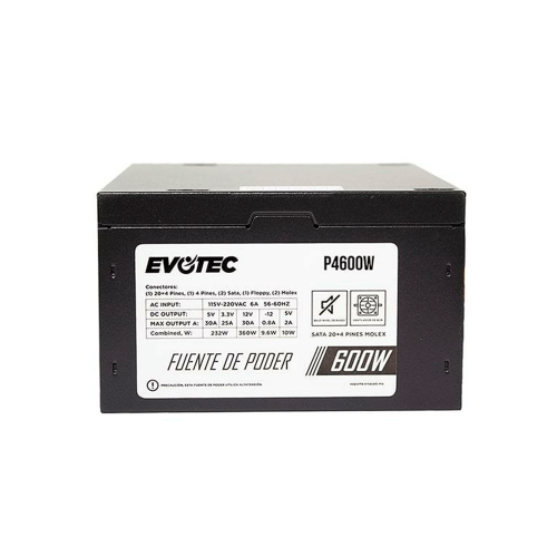 Fuente de Poder Evotex P4600W, 600W, 24 Pines ATX, 80mm, P4600W