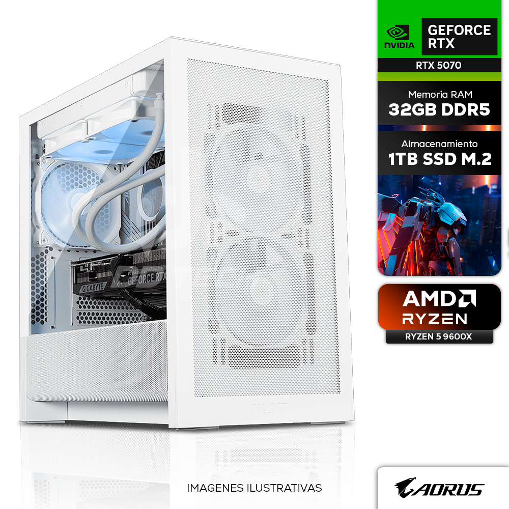 Computadora PRIDE GAMING AORUS WHITE EAGLE, NVIDIA GeForce RTX 5070, AMD Ryzen 5 9600X, 32GB RAM, 1TB M.2 NVME, 750W 80+ GOLD, INCLUYE WIFI Y BT