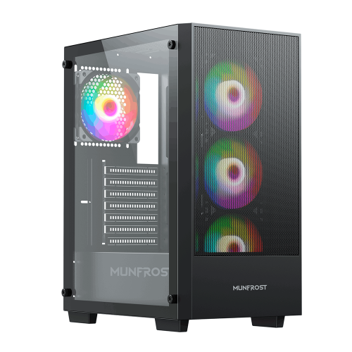 Gabinete Munfrost Alpha Black, Cristal templado, ARGB Sync, Controlador de ventiladores, Atx - Micro ATX - Mini ITX, 4 Ventiladores ARGB incluido