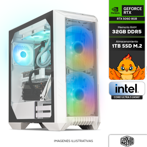 Computadora PRIDE COOLER MASTER POLAR V2, GeForce RTX 5060 8GB, Intel Core Ultra 5 245KF, 32GB RAM DDR5, SSD 1TB M.2, 850W 80+ GOLD, INCLUYE WIFI Y BT