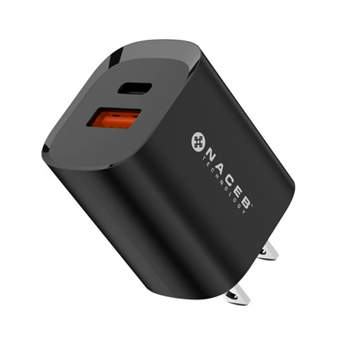 CARGADOR DE PARED NACEB NA-0143, USB-C + USB-A, GAN 35W, COMPACTO, NEGRO, PROTECCIóN MúLTIPLE, NA-0143