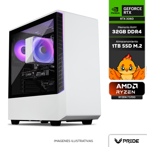 Computadora PRIDE GAMING MUNFROST V2, GeForce RTX 3060, AMD Ryzen 7 5700, 32GB RAM, 1TB M.2, 650W 80+ BRONZE /