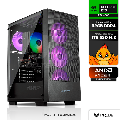 Computadora Pride Gaming JELLYFISH, AMD RYZEN 5 5500, NVIDIA GeForce RTX 4060, 32GB RAM, 1TB SSD, DISIPADOR 120MM, 650W 80+ BRONZE, INCLUYE WIFI