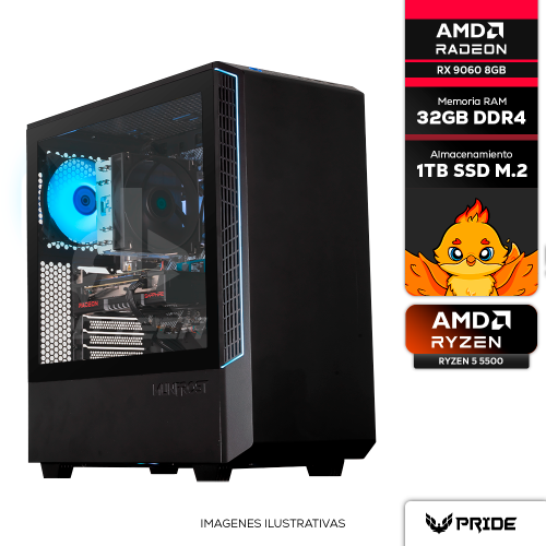 Computadora PRIDE GAMING FERRET V4, AMD RADEON RX 9060 8GB, AMD Ryzen 5 5500, 32GB RAM DDR4, SSD 1TB M.2, 600W 80+ BRONZE, INCLUYE WIFI Y BT