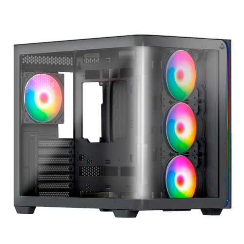 Gabinete Munfrost Hirow, Cristal Full Curve Templado, ATX-Micro ATX-Mini ITX, 4 Ventiladores ARGB Incluidos, Negro/ NAVIDAD