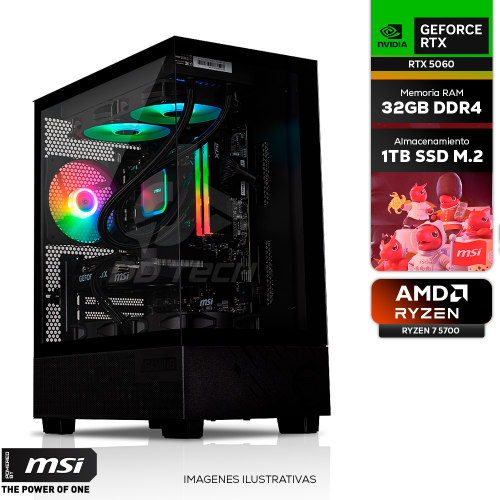 Computadora PRIDE MSI PRO BLACK, AMD RYZEN 7 5700, NVIDIA GeForce RTX 5060 8GB, 32GB RAM 3200MH/z, SSD 1TB M.2, 650W 80+ BRONZE, INCLUYE WIFI Y BT