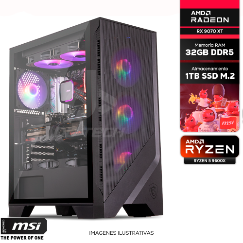 Computadora PRIDE MSI HYENA, AMD RADEON RX 9070 XT, AMD RYZEN 5 9600X/ 32GB RAM DDR5, 1TB SSD, 750W 80+ GOLD, INCLUYE WIFI Y BT /