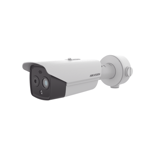 HIKVISION DS-2TD2628-10/QA Bala IP Dual, Térmica 9.7 mm ( 256 × 192 ), Óptico 8 mm (4 Megapixel), 30 mts IR, Exterior IP67, PoE, Termométrica, Detección de Temperatura, Sirena y Luz Intermitente Integrada, MicroSD