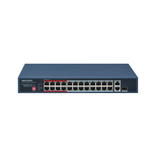 HIKVISION DS-3E0326P-E/M(C) Switch PoE+, No Administrable, 24 Puertos 10/100 Mbps PoE+, 2 Puertos 1000 Mbps Uplink, 1 Puerto SFP Uplink, Modo Extendido hasta 300 Metros, 230 W