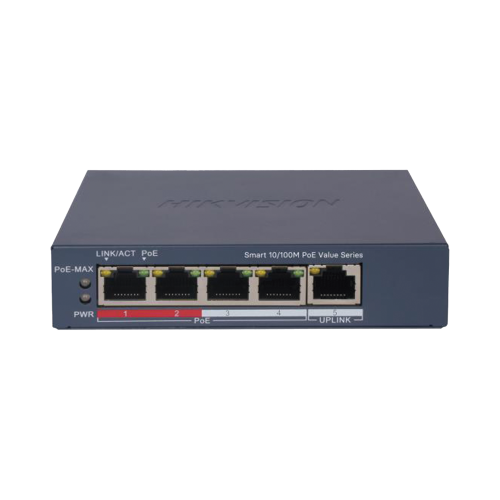 HIKVISION DS-3E1105P-EI/M Switch PoE+, Administrable, 4 Puertos 10/100 Mbps PoE+, 1 Puerto 10/100 Mbps Uplink, Configuración Nube Hik-PartnerPro, Modo Extendido hasta 300 Metros, 45 W