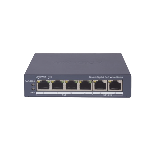 HIKVISION DS-3E1506P-EI/M Switch Gigabit PoE+, Administrable, 4 Puertos 1000 Mbps PoE+, 2 Puertos 1000 Mbps Uplink, Configuración Nube Hik-PartnerPro, Modo Extendido hasta 300 Metros, 45 Watts