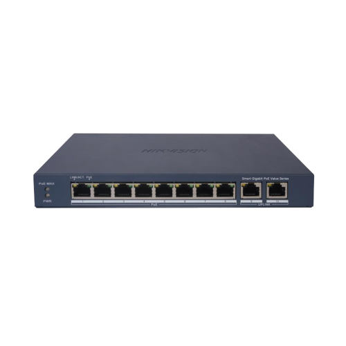 HIKVISION DS-3E1510P-EI/M Switch Gigabit PoE+, Administrable, 8 Puertos 1000 Mbps PoE+, 2 Puertos 1000 Mbps de Uplink, Configuración Nube Hik-PartnerPro, Modo Extendido hasta 300 Metros, 60 W