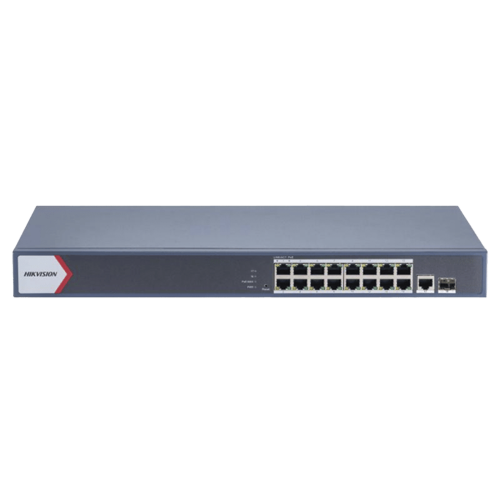HIKVISION DS-3E1518P-EI/M Switch Gigabit PoE+, Monitoreable, 16 Puertos 1000 Mbps PoE+, 1 Puerto 1000 Mbps de Uplink, 1 Puerto SFP, Configuración Nube desde Hik-PartnerPro, Modo Extendido hasta 300 Metros, 130 Watts